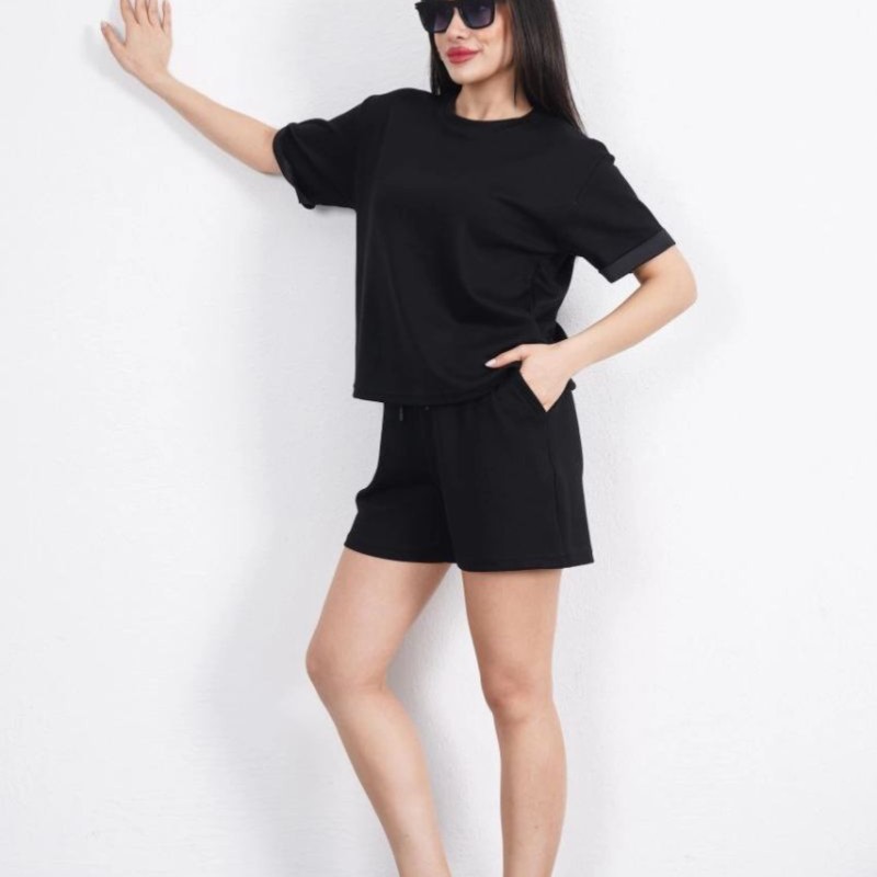 Osy Modal yumuşak dokulu Kumaş Kadın Bisiklet Yaka T-shirt Kısa Şort İkili Takım - Siyah Osy Modal yumuşak dokulu Kumaş Kadın Bisiklet Yaka T-shirt Kısa Şort İkili Takım - Siyah