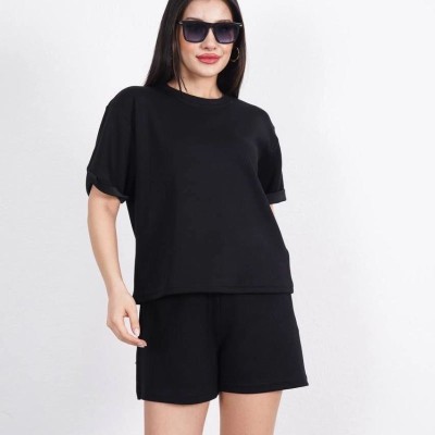 Osy Modal yumuşak dokulu Kumaş Kadın Bisiklet Yaka T-shirt Kısa Şort İkili Takım - Siyah Osy Modal yumuşak dokulu Kumaş Kadın Bisiklet Yaka T-shirt Kısa Şort İkili Takım - Siyah