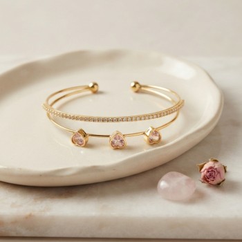 Pembe Kalp Model Zirkon Taşlı Gold Renk Kadın Bileklik