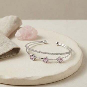 Pembe Kalp Model Zirkon Taşlı Gümüş Renk Kadın Bileklik
