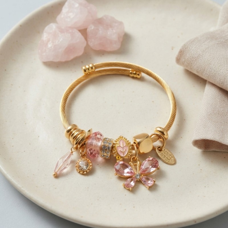 Pembe Kelebek Model Charmlı Bileklik