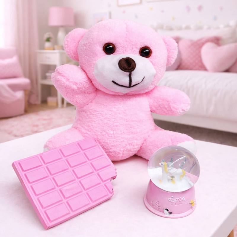 Pembe Peluş Ayıcık, Kar Küresi Ve Pembe Çikolata Not Defteri Hediye Seti Pembe Peluş Ayıcık, Kar Küresi Ve Pembe Çikolata Not Defteri Hediye Seti