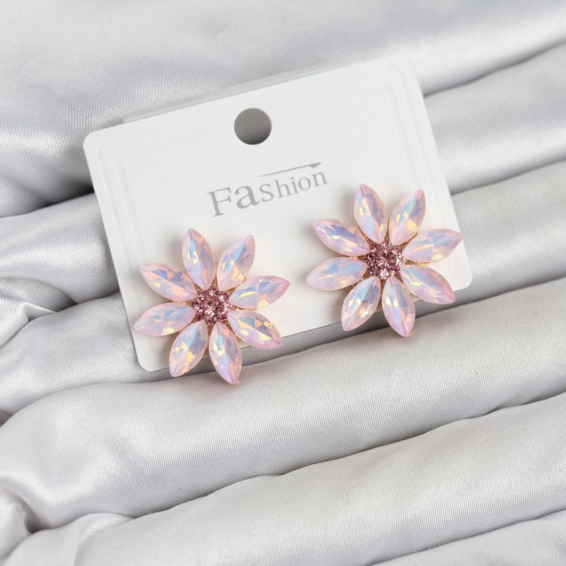 Pembe Renk Kristal Taşlı Lotus Çiçek Model Kadın Küpe