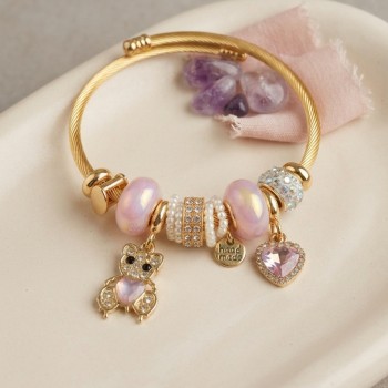 Pembe Renk Teddy Bear Model Gold Charmlı Bileklik