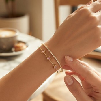 Pembe Yıldız Model Gümüş Renk Zirkon Taşlı Pirinç Bileklik