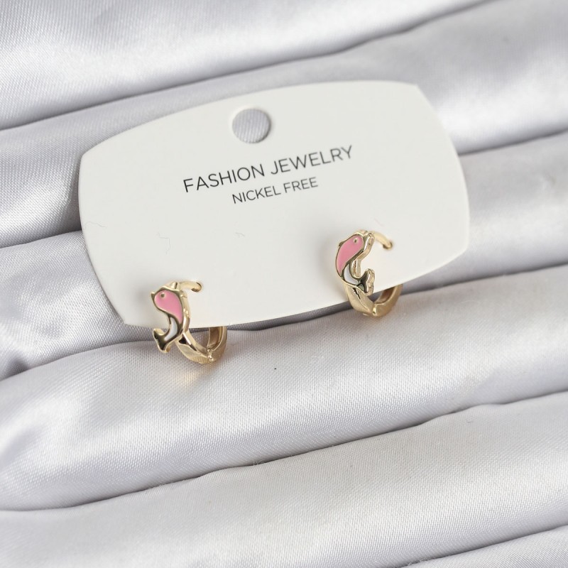 Pembe Yunus Balığı Model Gold Renk Pirinç Çocuk Küpe Pembe Yunus Balığı Model Gold Renk Pirinç Çocuk Küpe