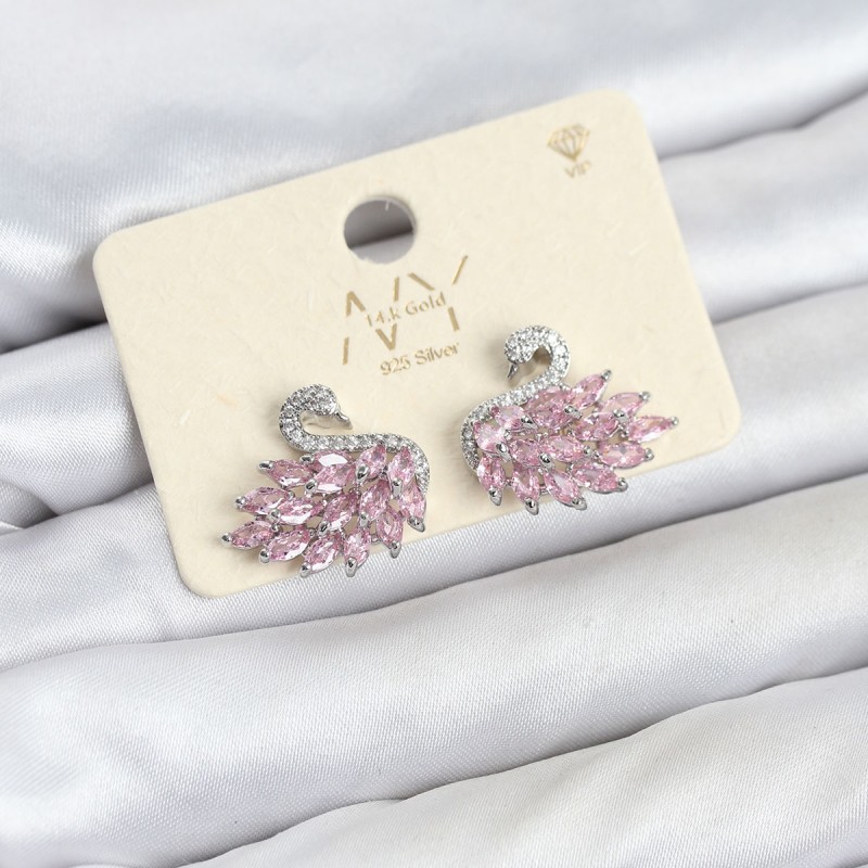 Pembe Zirkon Taşlı Gümüş Swan Kuğu Model Kadın Küpe