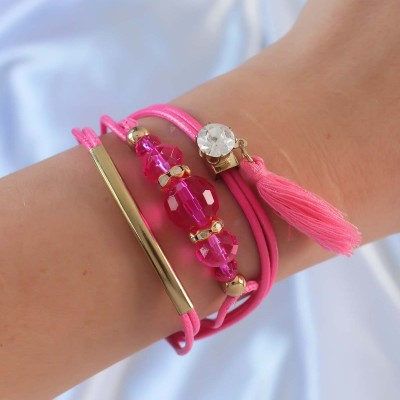 Pembe Zirkon Taşlı İpli Püskül Detay Çoklu Bileklik Pembe Zirkon Taşlı İpli Püskül Detay Çoklu Bileklik