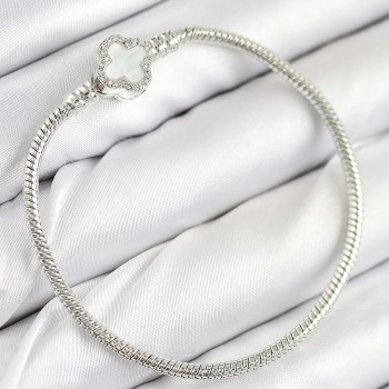 Pirinç Charm Zirkon Taşlı Yonca Model Gümüş Renk Kadın Bileklik