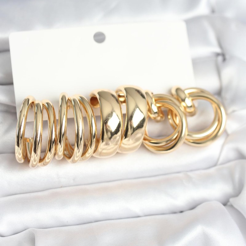 Pirinç Gold Renk 3 Çift Vintage Kadın Küpe Seti