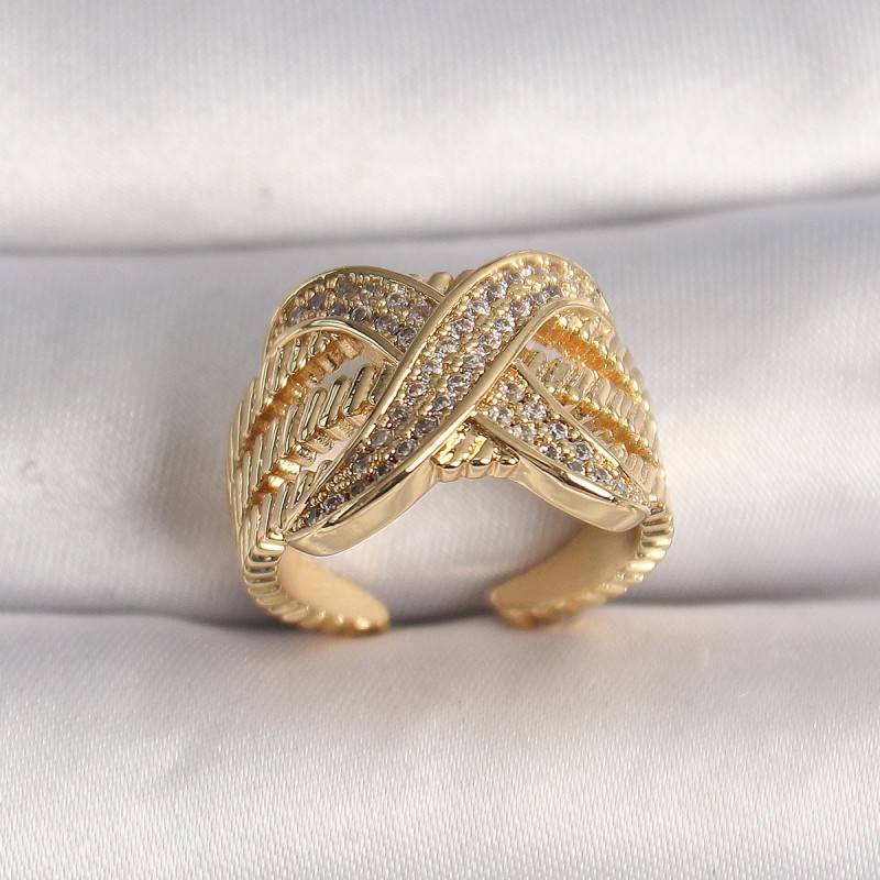 Pirinç Gold Renk Ayarlanabilir Zirkon Taşlı X Model Kadın Yüzük