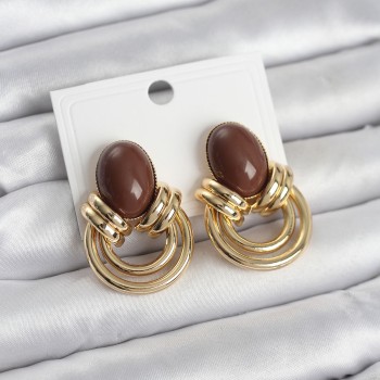 Pirinç Gold Renk Kahverengi Taşlı Vintage Kadın Küpe Pirinç Gold Renk Kahverengi Taşlı Vintage Kadın Küpe