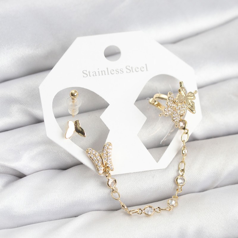 Pirinç Gold Renk Kelebek Model Zincir Bağlantılı Ear Cuff Küpe Seti Pirinç Gold Renk Kelebek Model Zincir Bağlantılı Ear Cuff Küpe Seti