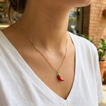 Pirinç Gold Renk Kırmızı Kapya Biber Model Kadın Kolye Pirinç Gold Renk Kırmızı Kapya Biber Model Kadın Kolye