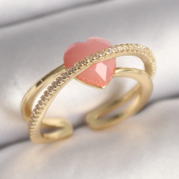 Pirinç Gold Renk Pembe Kristal Kalp Model Zirkon Taş Detaylı Kadın Yüzük Pirinç Gold Renk Pembe Kristal Kalp Model Zirkon Taş Detaylı Kadın Yüzük