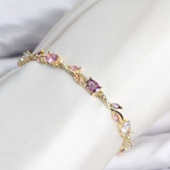 Pirinç Gold Renk Pembe ve Mor Zirkon Taşlı Çiçek Model Kadın Bileklik Pirinç Gold Renk Pembe ve Mor Zirkon Taşlı Çiçek Model Kadın Bileklik