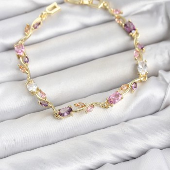 Pirinç Gold Renk Pembe ve Mor Zirkon Taşlı Çiçek Model Kadın Bileklik