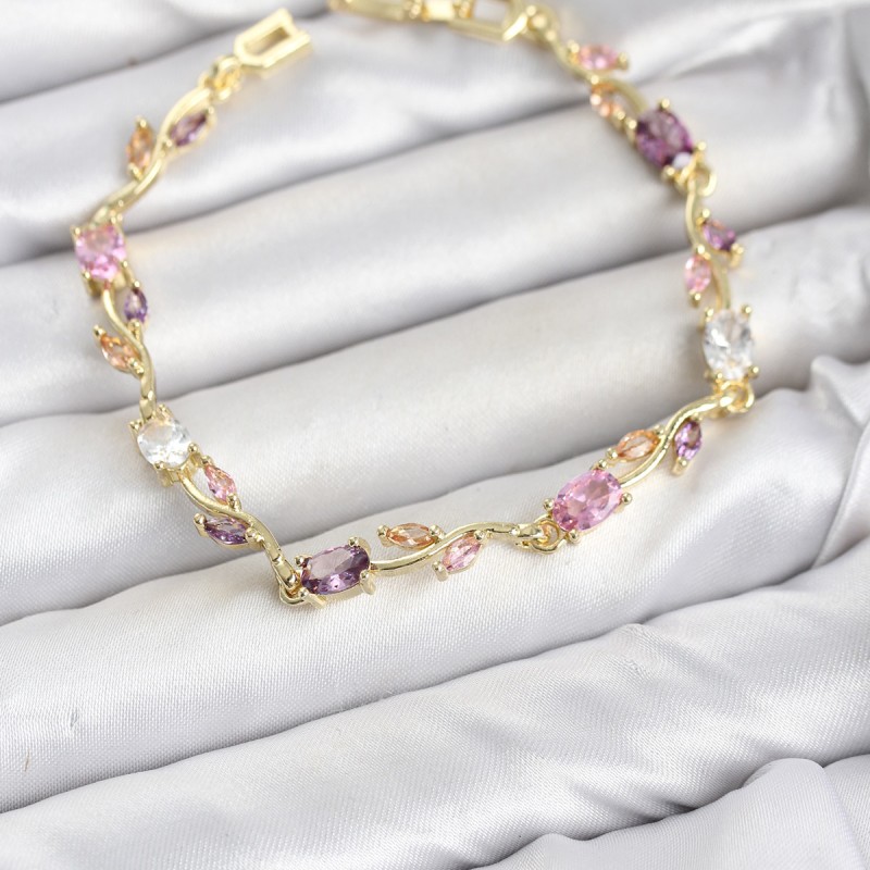 Pirinç Gold Renk Pembe ve Mor Zirkon Taşlı Çiçek Model Kadın Bileklik