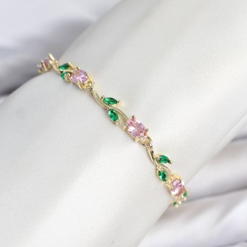 Pirinç Gold Renk Pembe Zirkon Taşlı Çiçek Model Kadın Bileklik Pirinç Gold Renk Pembe Zirkon Taşlı Çiçek Model Kadın Bileklik