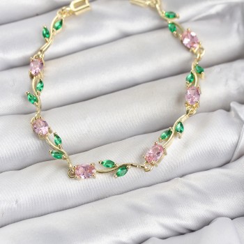 Pirinç Gold Renk Pembe Zirkon Taşlı Çiçek Model Kadın Bileklik