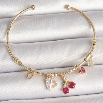 Pirinç Gold Renk Sallantı Kırmızı Zirkon Taşlı Kiraz Figür Charm Kadın Bileklik Pirinç Gold Renk Sallantı Kırmızı Zirkon Taşlı Kiraz Figür Charm Kadın Bileklik