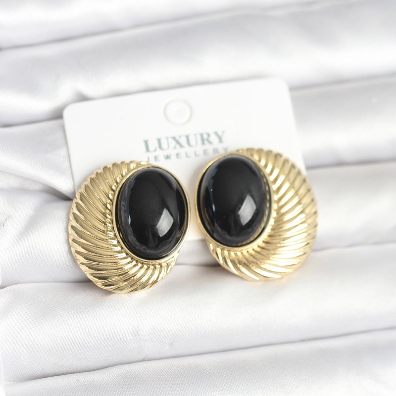 Pirinç Gold Renk Siyah Boncuklu Oval Vintage Kadın Küpe Pirinç Gold Renk Siyah Boncuklu Oval Vintage Kadın Küpe