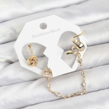 Pirinç Gold Renk Yılan Model Zincir Bağlantılı Ear Cuff Küpe Seti Pirinç Gold Renk Yılan Model Zincir Bağlantılı Ear Cuff Küpe Seti