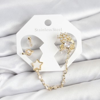 Pirinç Gold Renk Yıldız Model Zincir Bağlantılı Ear Cuff Küpe Seti Pirinç Gold Renk Yıldız Model Zincir Bağlantılı Ear Cuff Küpe Seti