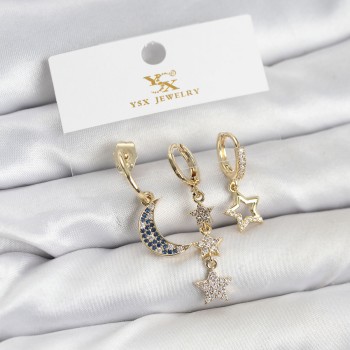 Pirinç Gold Renk Zirkon Taşlı Ay ve Yıldız Model YSX Trio Küpe Seti Pirinç Gold Renk Zirkon Taşlı Ay ve Yıldız Model YSX Trio Küpe Seti