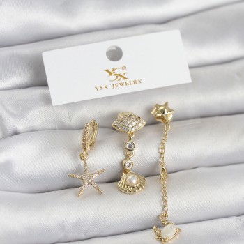 Pirinç Gold Renk Zirkon Taşlı Deniz Temalı 3'lü Kadın Küpe Pirinç Gold Renk Zirkon Taşlı Deniz Temalı 3'lü Kadın Küpe