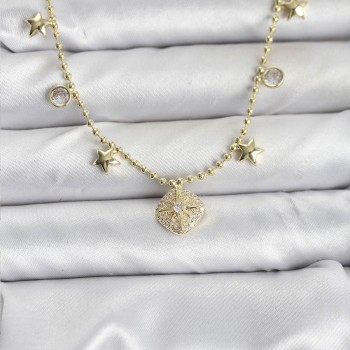 Pirinç Gold Renk Zirkon Taşlı Kutup Yıldızı Model Kadın Kolye