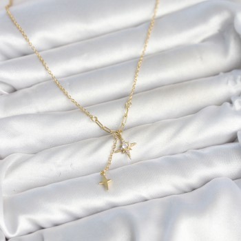 Pirinç Gold Renk Zirkon Taşlı Minimal Sallantılı Kutup Yıldızı Model Kadın Kolye