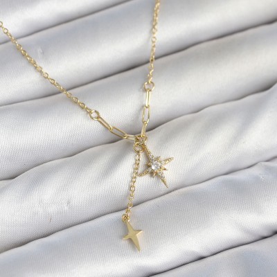 Pirinç Gold Renk Zirkon Taşlı Minimal Sallantılı Kutup Yıldızı Model Kadın Kolye Pirinç Gold Renk Zirkon Taşlı Minimal Sallantılı Kutup Yıldızı Model Kadın Kolye