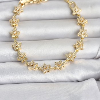 Pirinç Gold Renk Zirkon Taşlı Sıralı Yıldız Model Kadın Bileklik Pirinç Gold Renk Zirkon Taşlı Sıralı Yıldız Model Kadın Bileklik