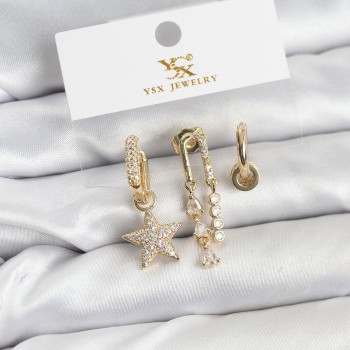 Pirinç Gold Renk Zirkon Taşlı Yıldız Vintage Model YSX Trio Küpe Seti Pirinç Gold Renk Zirkon Taşlı Yıldız Vintage Model YSX Trio Küpe Seti