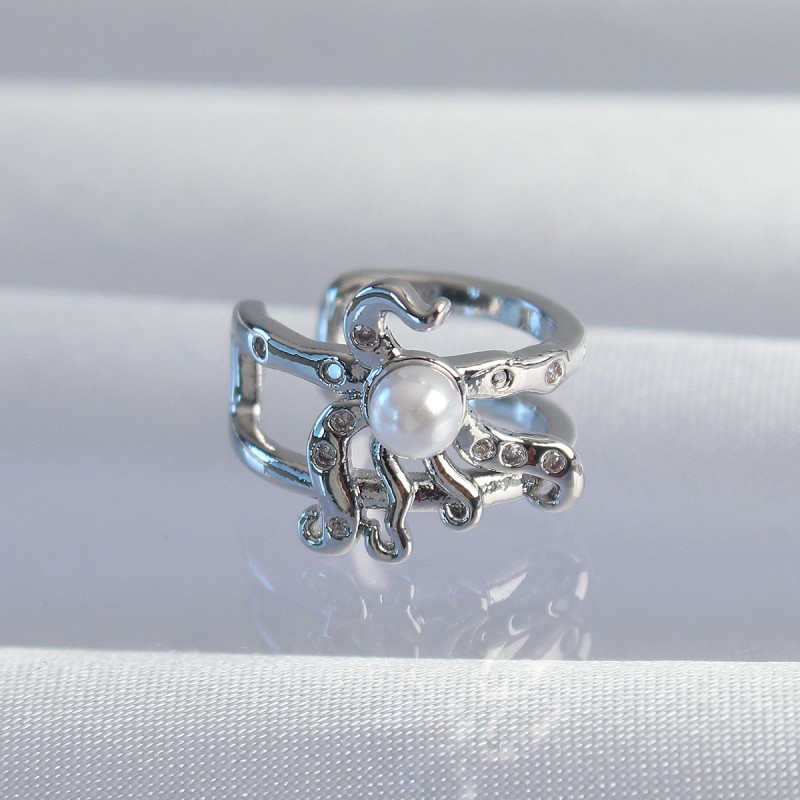 Pirinç Gümüş Renk İncili Ahtapot Earcuff Küpe Pirinç Gümüş Renk İncili Ahtapot Earcuff Küpe