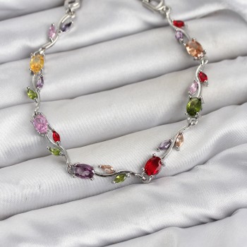 Pirinç Gümüş Renk Mix Renk Zirkon Taşlı Çiçek Model Kadın Bileklik