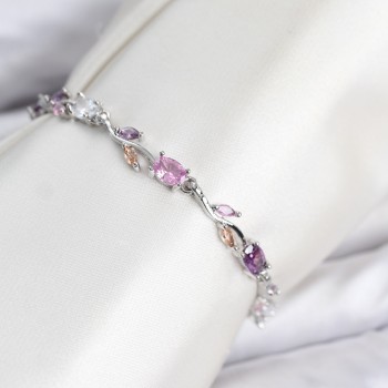 Pirinç Gümüş Renk Pembe ve Mor Zirkon Taşlı Çiçek Model Kadın Bileklik Pirinç Gümüş Renk Pembe ve Mor Zirkon Taşlı Çiçek Model Kadın Bileklik