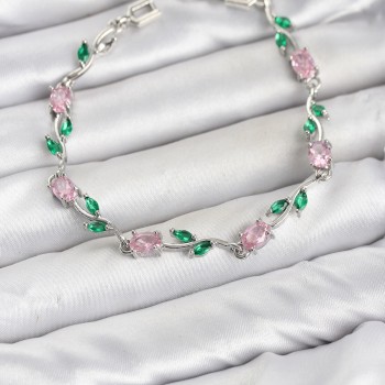 Pirinç Gümüş Renk Pembe Zirkon Taşlı Çiçek Model Kadın Bileklik