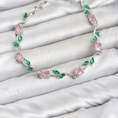 Pirinç Gümüş Renk Pembe Zirkon Taşlı Çiçek Model Kadın Bileklik