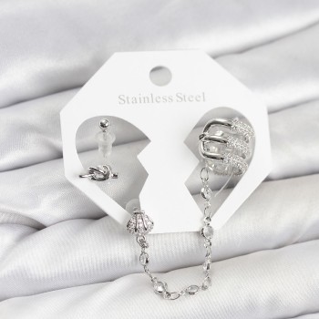 Pirinç Gümüş Renk Sarmal Model Zincir Bağlantılı Ear Cuff Küpe Seti