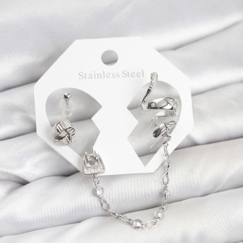 Pirinç Gümüş Renk Yılan Model Zincir Bağlantılı Ear Cuff Küpe Seti Pirinç Gümüş Renk Yılan Model Zincir Bağlantılı Ear Cuff Küpe Seti