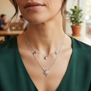 Pirinç Gümüş Renk Zirkon Taşlı Kutup Yıldızı Model 2'li Kadın Kolye