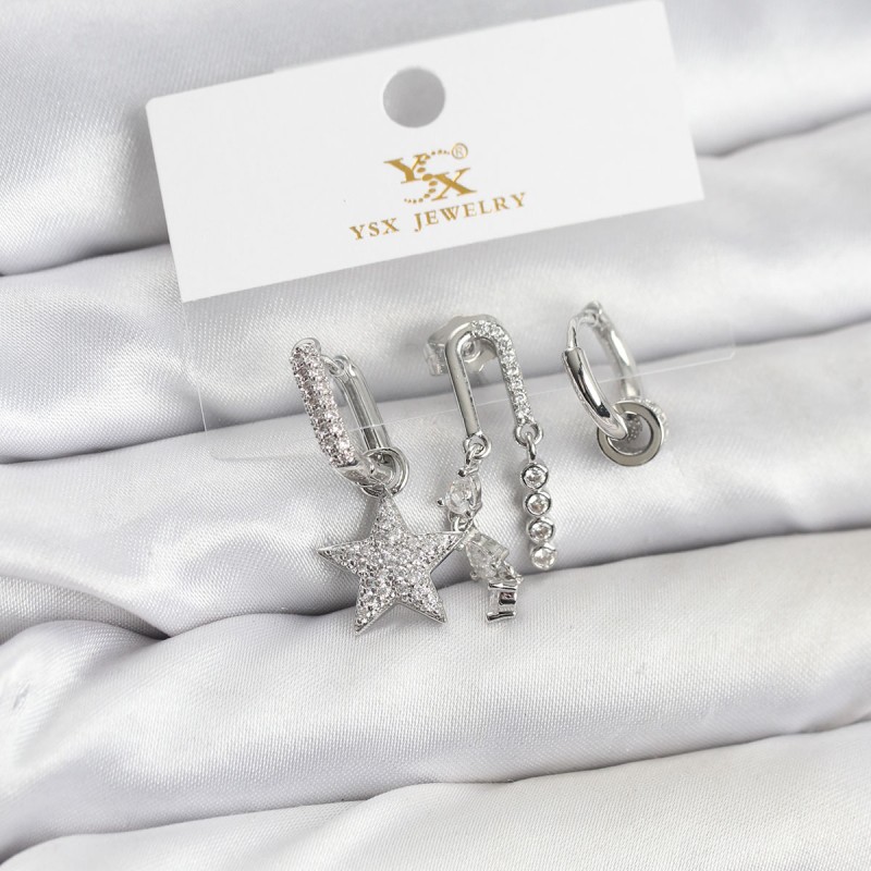 Pirinç Gümüş Renk Zirkon Taşlı Yıldız Vintage Model YSX Trio Küpe Seti Pirinç Gümüş Renk Zirkon Taşlı Yıldız Vintage Model YSX Trio Küpe Seti