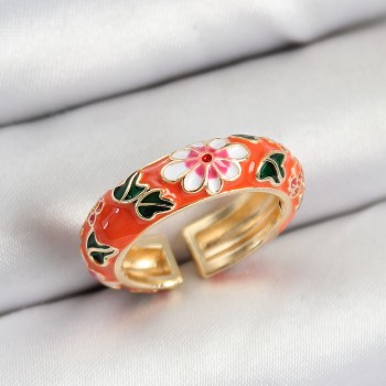 Pirinç Turuncu Mineli Çiçek Motifli Gold Renk Ayarlanabilir Kadın Yüzük Pirinç Turuncu Mineli Çiçek Motifli Gold Renk Ayarlanabilir Kadın Yüzük