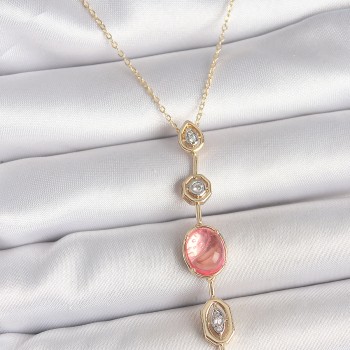 Pirinç Zincir Pembe Gold Renk Zirkon Taşlı Y Kolye