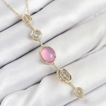 Pirinç Zincir Pembe Gold Renk Zirkon Taşlı Y Kolye
