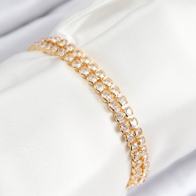 Pirinç Zirkon Taşlı Çift Sıra Model Gold Renk Asansörlü Kadın Bileklik Pirinç Zirkon Taşlı Çift Sıra Model Gold Renk Asansörlü Kadın Bileklik