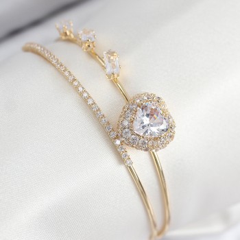 Pirinç Zirkon Taşlı Kalp Model Gold Renk Kadın Bileklik
