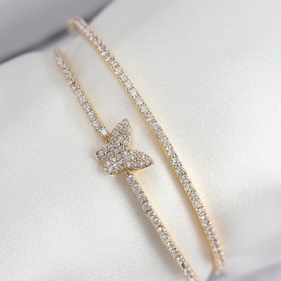 Pirinç Zirkon Taşlı Kelebek Model Gold Renk Kadın Bileklik Pirinç Zirkon Taşlı Kelebek Model Gold Renk Kadın Bileklik